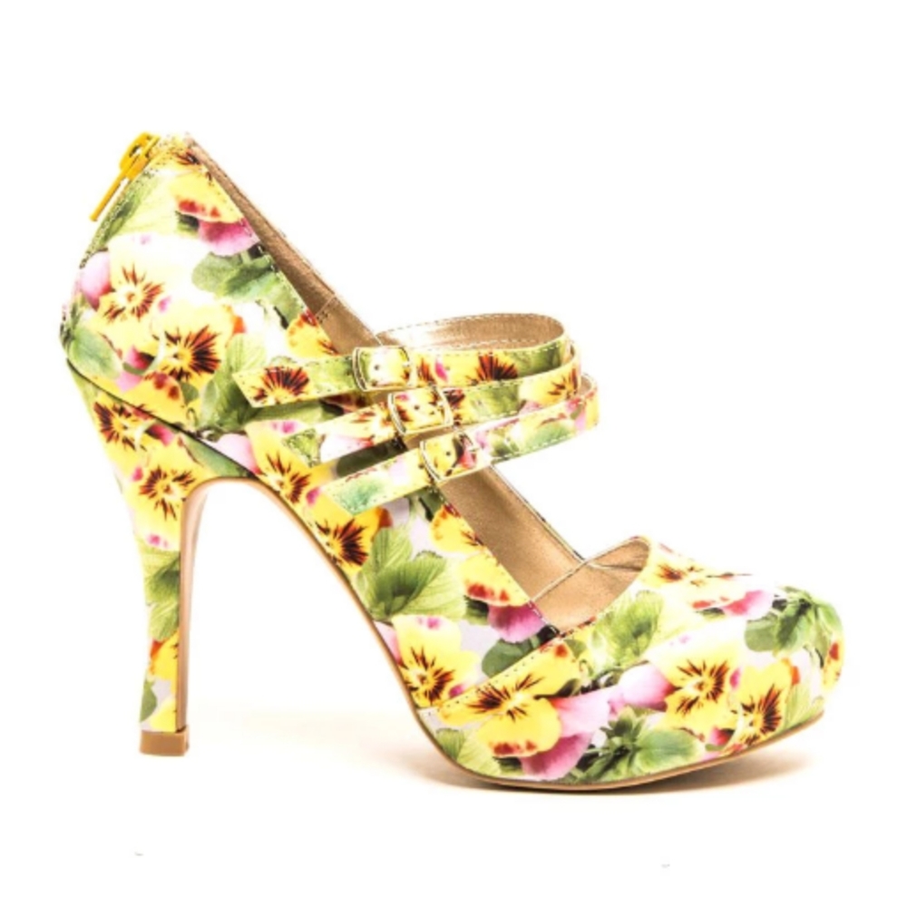 Satin Maryjane Floral Print High Heels